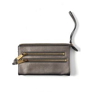 Cole Haan Wristlet Metallic Pewter Leather Zip Clutch Gray Wallet Bag
